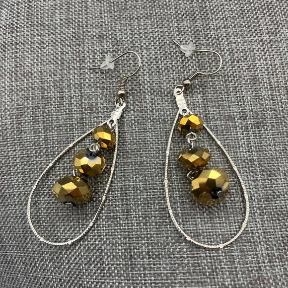Dangle Pierced Earrings Silver Textured Teardrop Gold Yellow Faceted Triple Bead - Picture 2 of 4